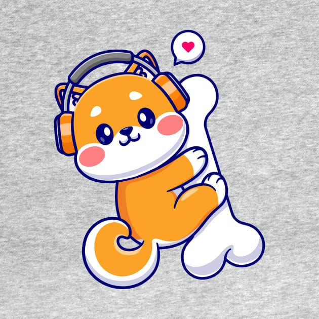 Cute Shiba Inu Hug Bone With Headphone Cartoon by Catalyst Labs